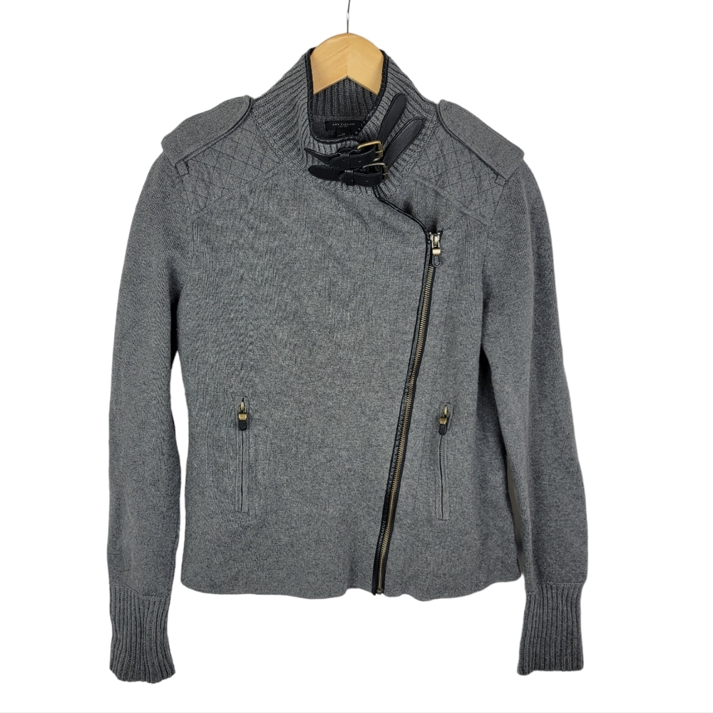 Ann Taylor Moto Buckle Collar Gray Knit Sweater Jacket M
